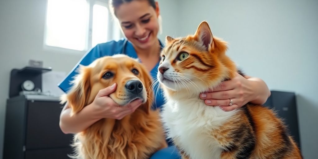 Happy dog and cat with a veterinarian