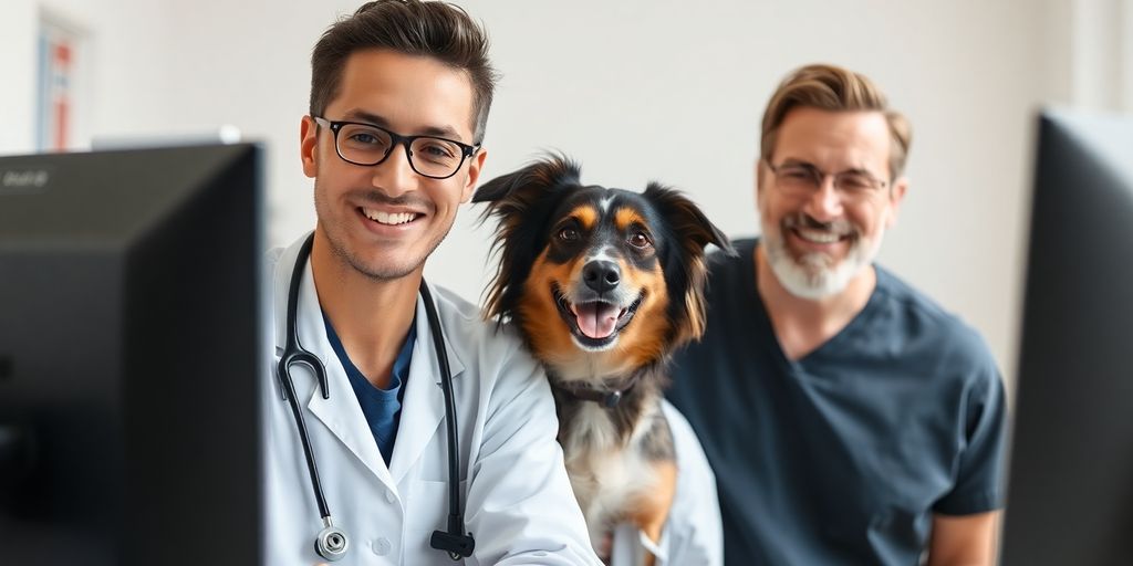 Veterinarian, computer, happy pet owner, clinic setting