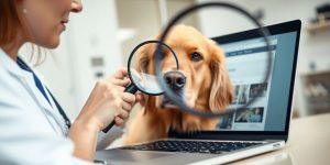 Veterinarian with animals, computer, and magnifying glass.