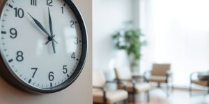 Clock on wall, empty waiting room, clinic chairs.