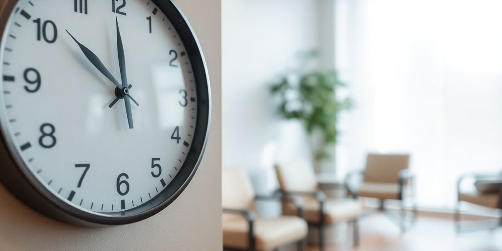 Clock on wall, empty waiting room, clinic chairs.