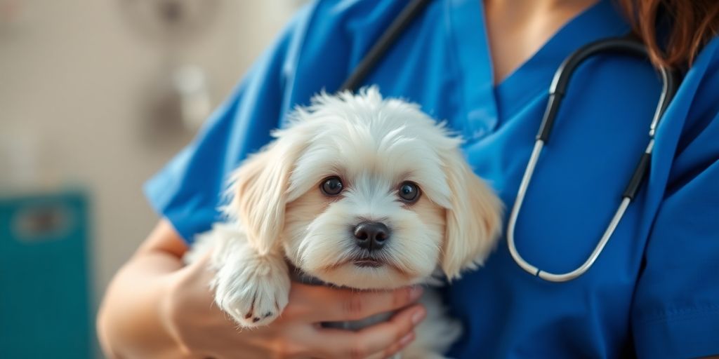 Veterinarian gently holds a small, fluffy white dog.