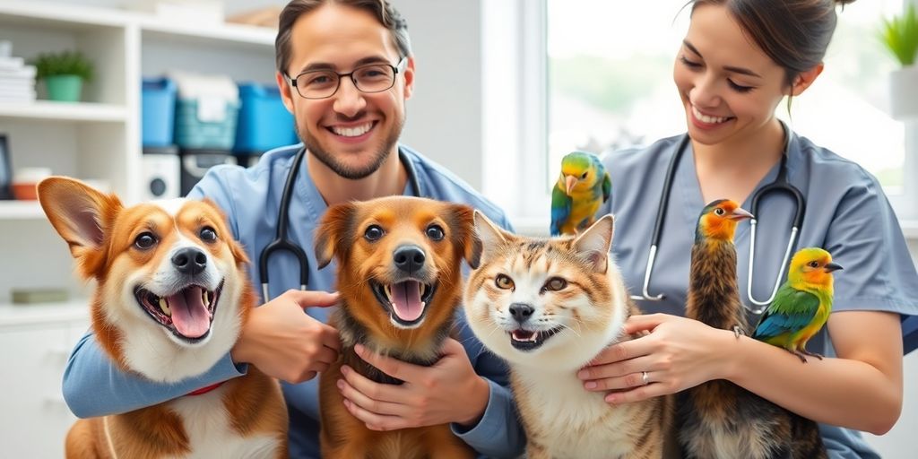 Happy pets with a veterinarian.