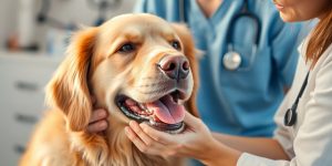 Veterinarian with dog examining pet