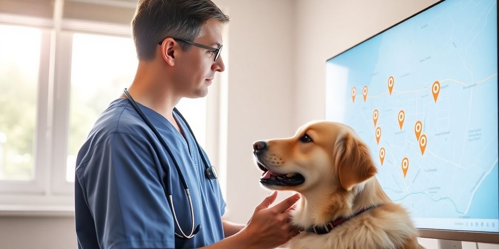 Veterinarian with dog examining computer screen